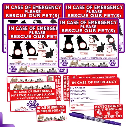 Pet Emergency Alert Kit for All Pets – Home Alone Rescue Stickers for Doors & Windows, Wallet Cards & Key Tags – Waterproof, Highly Visible Pet Safety Kit by Paws 4 Safety