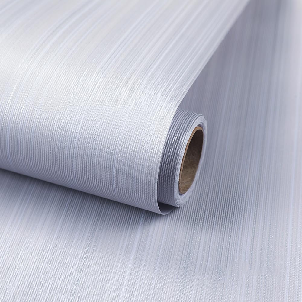 Grasscloth Textured Wallpaper, 40 x 500 cm Self Adhesive Wallpaper Silver Linen Vinyl Fabric Striped Peel and Stick Wall paper Self Adhesive Furniture Covering for Living Room,Bathroom,Cabinets