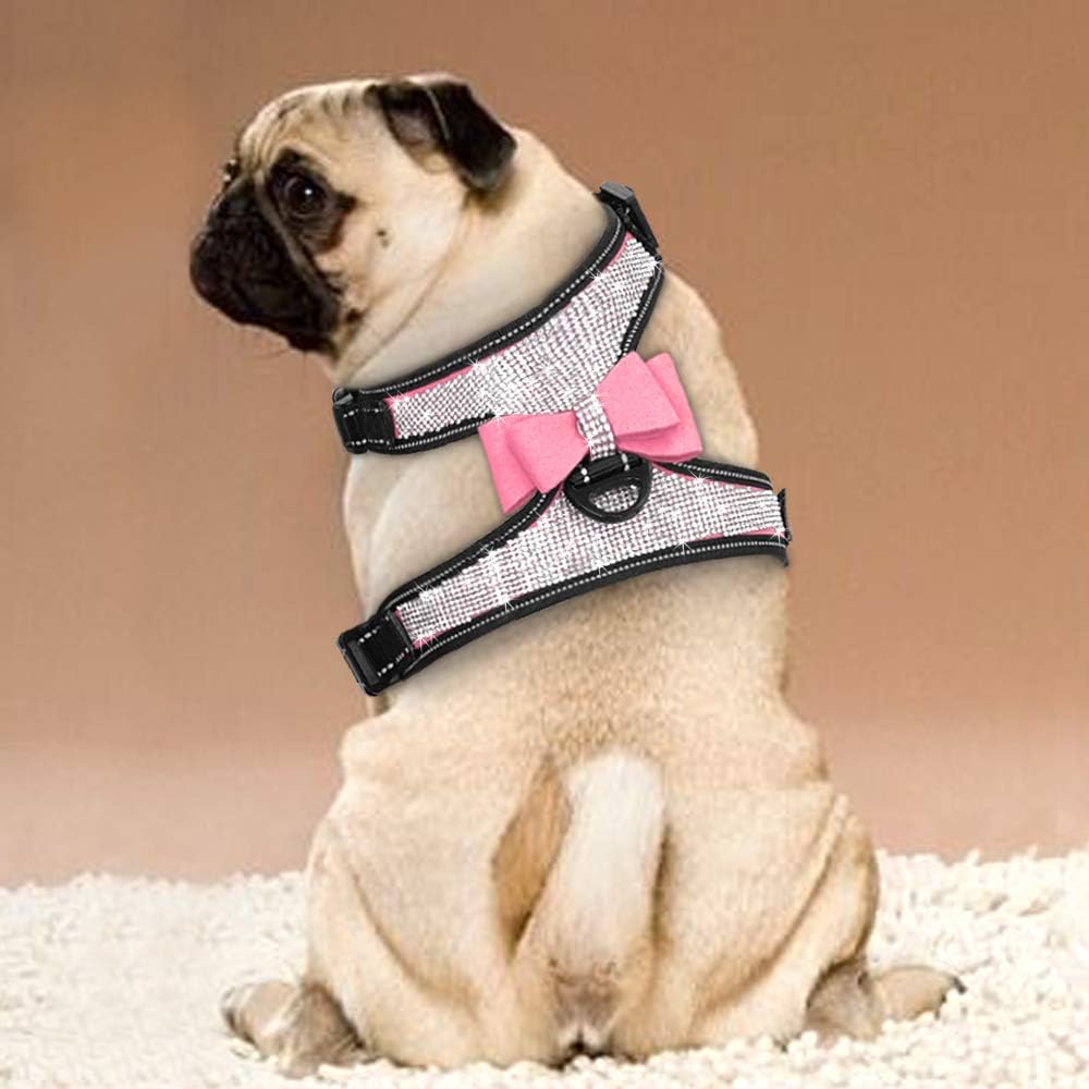 Beirui Soft Fleece Padded Dog Harness for Small Medium Dogs - Cute Rhinestone Dog Vest Harness with Sparkly Bow Tie - Reflective Safety Pet Puppy Harness for Walking and Party (Pink,S:Chest 11-14")