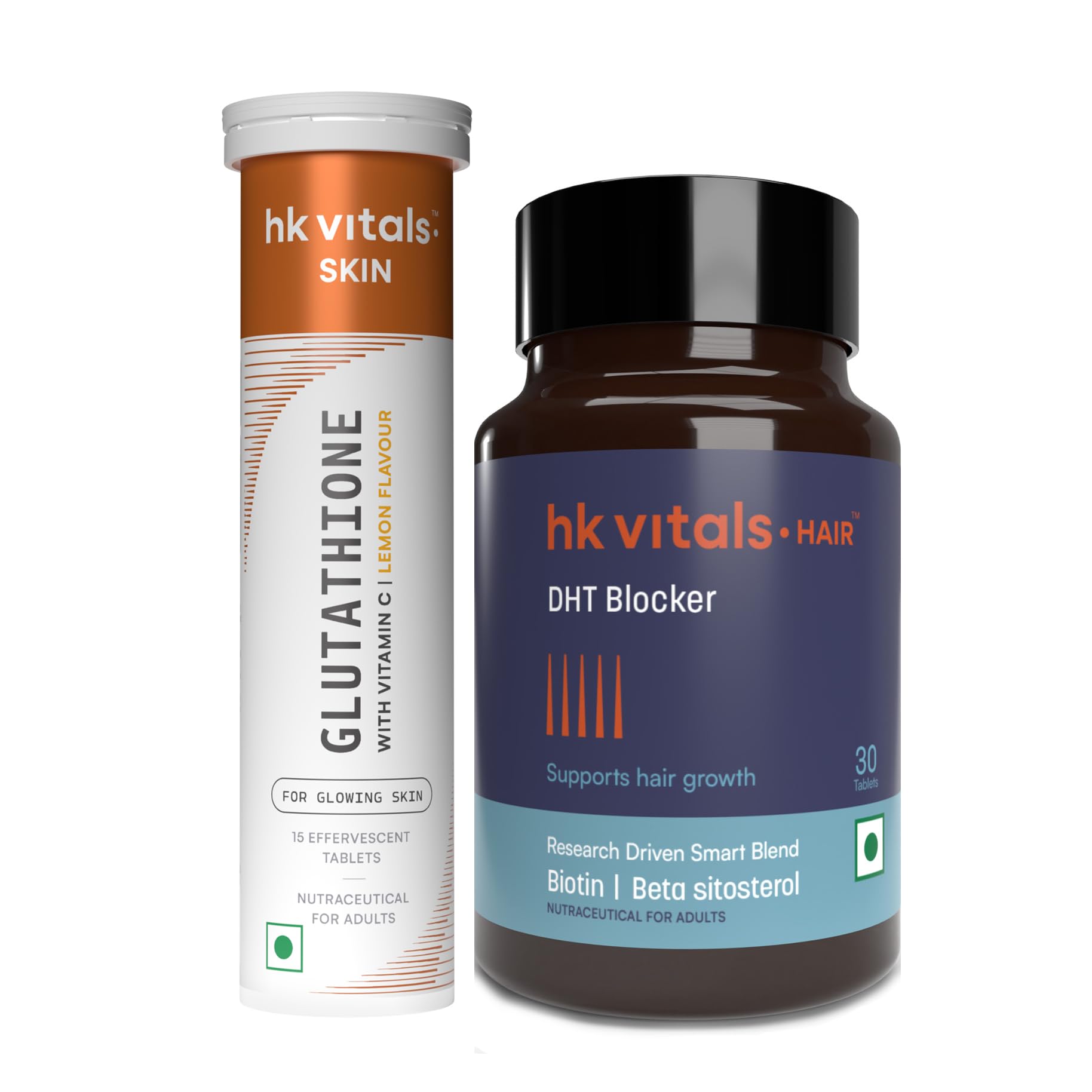 hk vitals Glutathione (Lemon, 15 Effervescent Tablets) with DHT Blocker with Biotin, Helps Reduce Hair Fall, 30 No | L-Glutathione Tablets with Vitamin C & E | For Skin Glow & Hydration