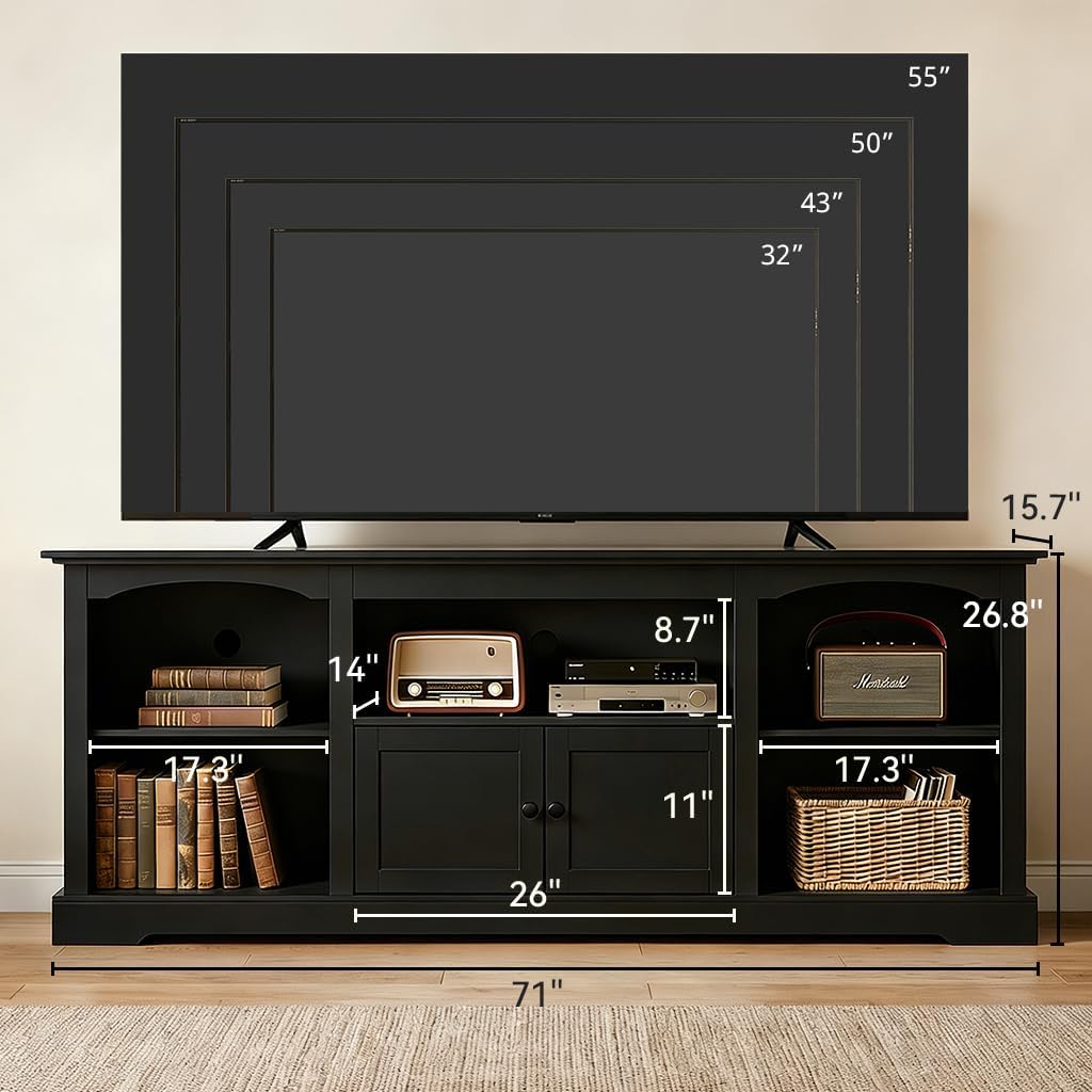 LUCKLIFE 71" TV Stand for TVs up to 80 Inch,Modern Farmhouse Entertainment Center with Arched Cabinet Doors & Open Adjustable Storage Shelves,Media Console Table for Living Room (Black, 71 inch)