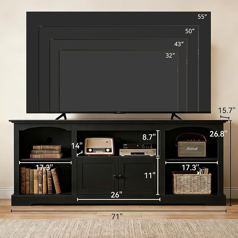 LUCKLIFE 71" TV Stand for TVs up to 80 Inch,Modern Farmhouse Entertainment Center with Arched Cabinet Doors & Open Adjustable Storage Shelves,Media Console Table for Living Room (Black, 71 inch) image 2