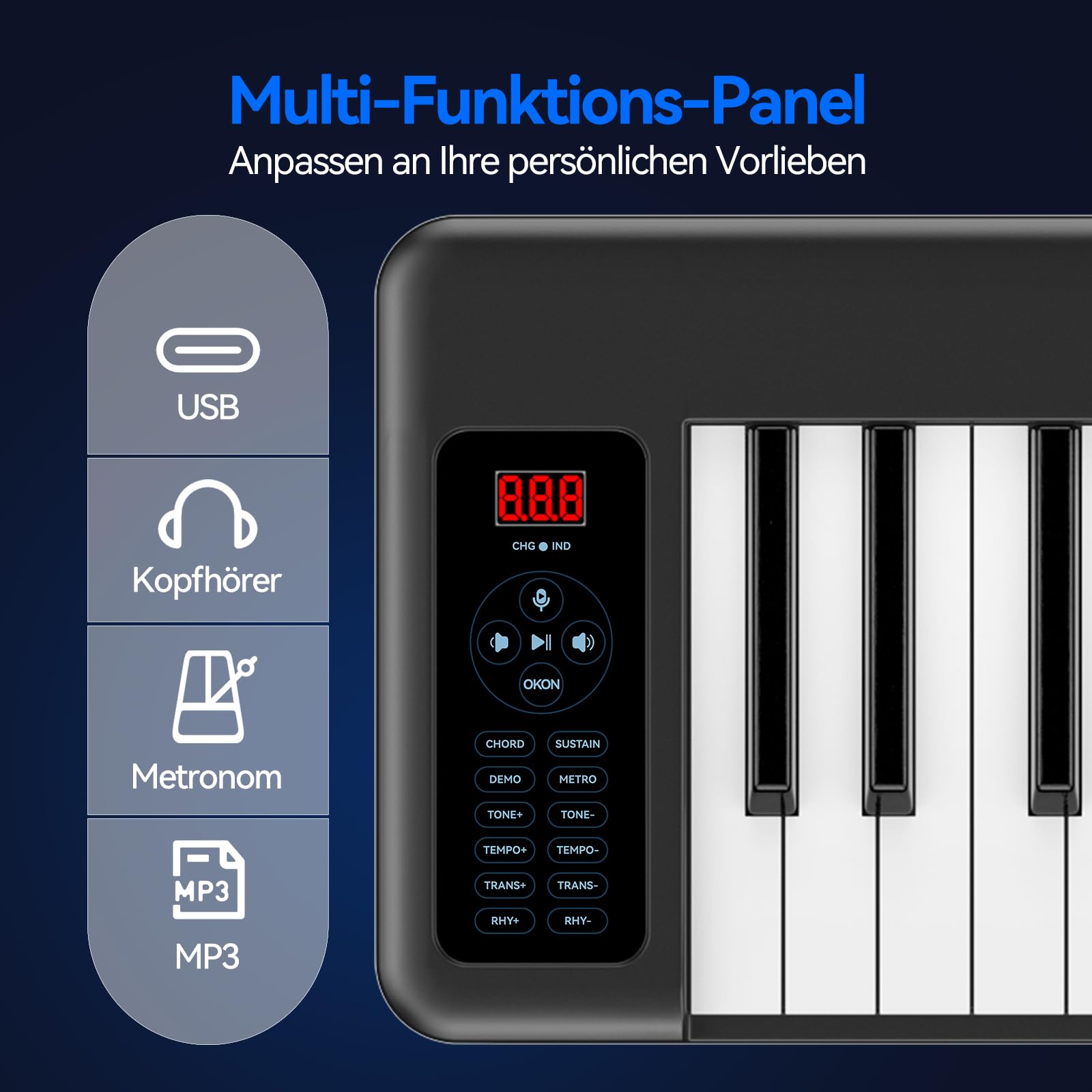 Rhymo Faltbares E-Piano 61 Tasten, Portables Keyboard mit Halbgewichteten Tasten, Touch Sensitive, mit Tragetasche für Einsteiger