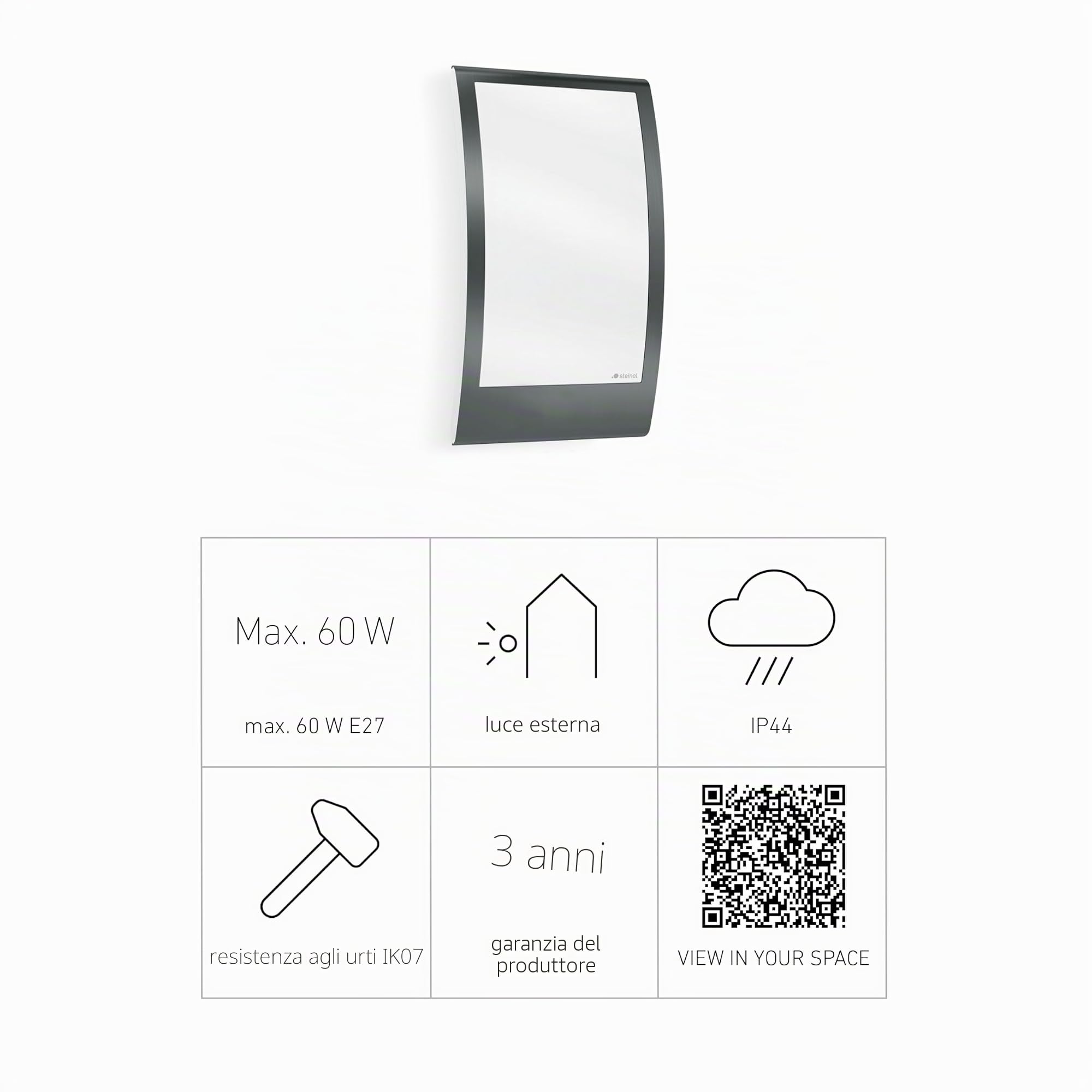 Steinel Luce per esterni L 22 Finiture in Acciaio Inossidabile, Max. 60 W, Applique per Esterni, Presa E27, Applique Moderne, Antracite
