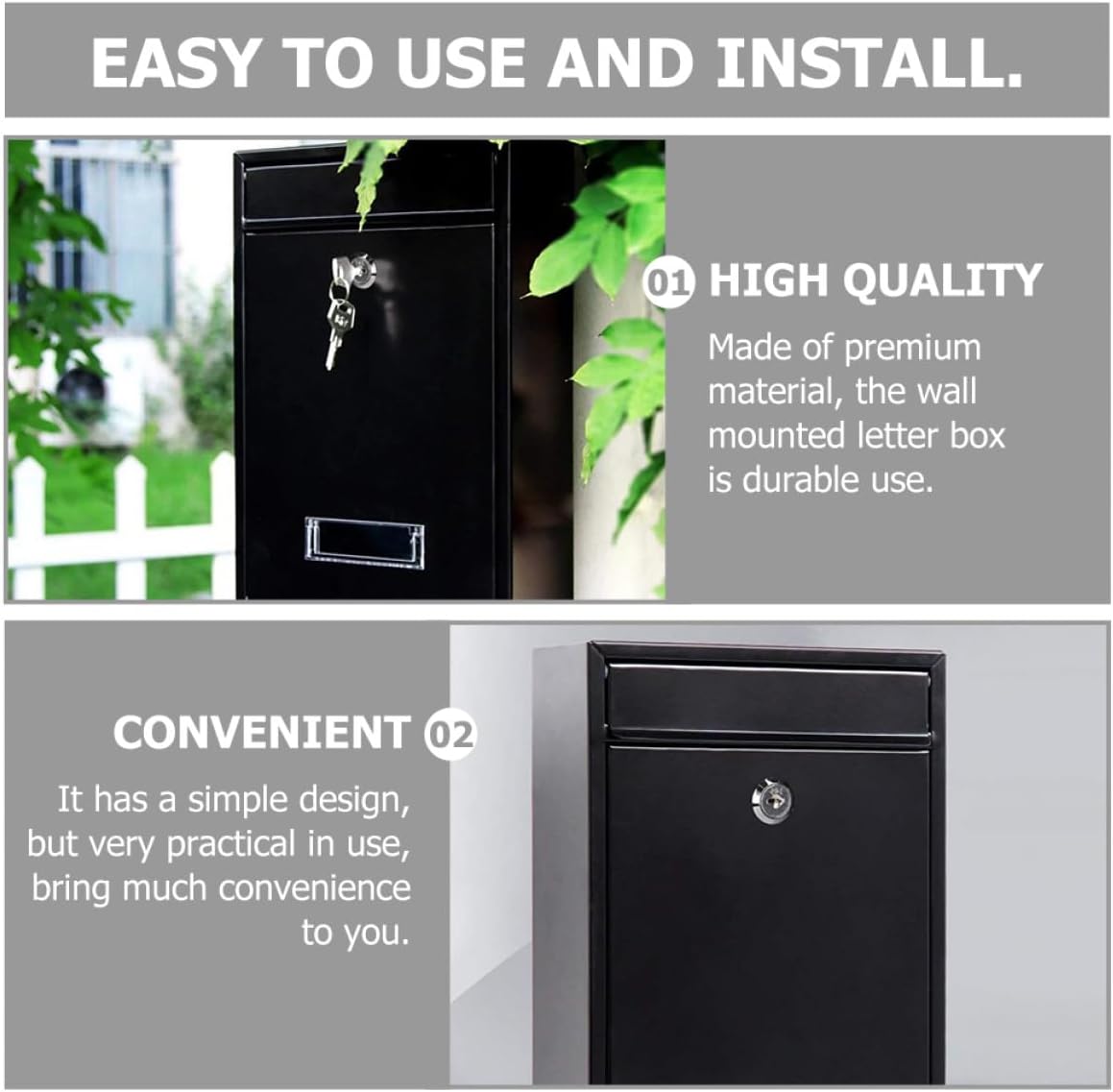 Outdoor Wall-Mounted Iron Letter Box and Mail Collection Box with Lock for Home Use, Black Metal Mailbox Suitable for Garden and Villa Letter Newspaper Cases