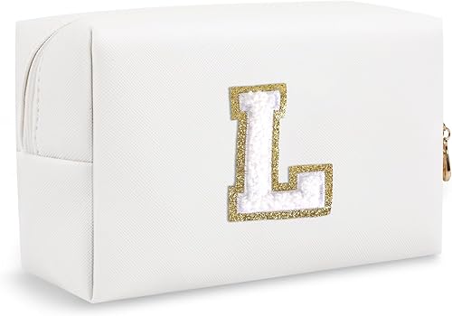 Miniatura 8 de Bolsa de maquillaje preppy inicial personalizada Pequeña bolsa de carta de chenilla de viaje linda, Blanco-2