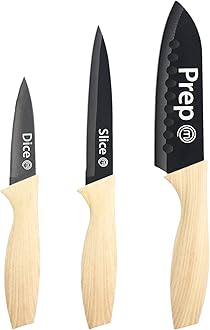 Knife Set of 3 Kitchen Knives (Chef, Paring & Utility) Professional, Extra Sharp, Stainless Steel Blades With Non Stick Coating & Wood-Look Soft Touch Grip, Natural Collection 3 Piece