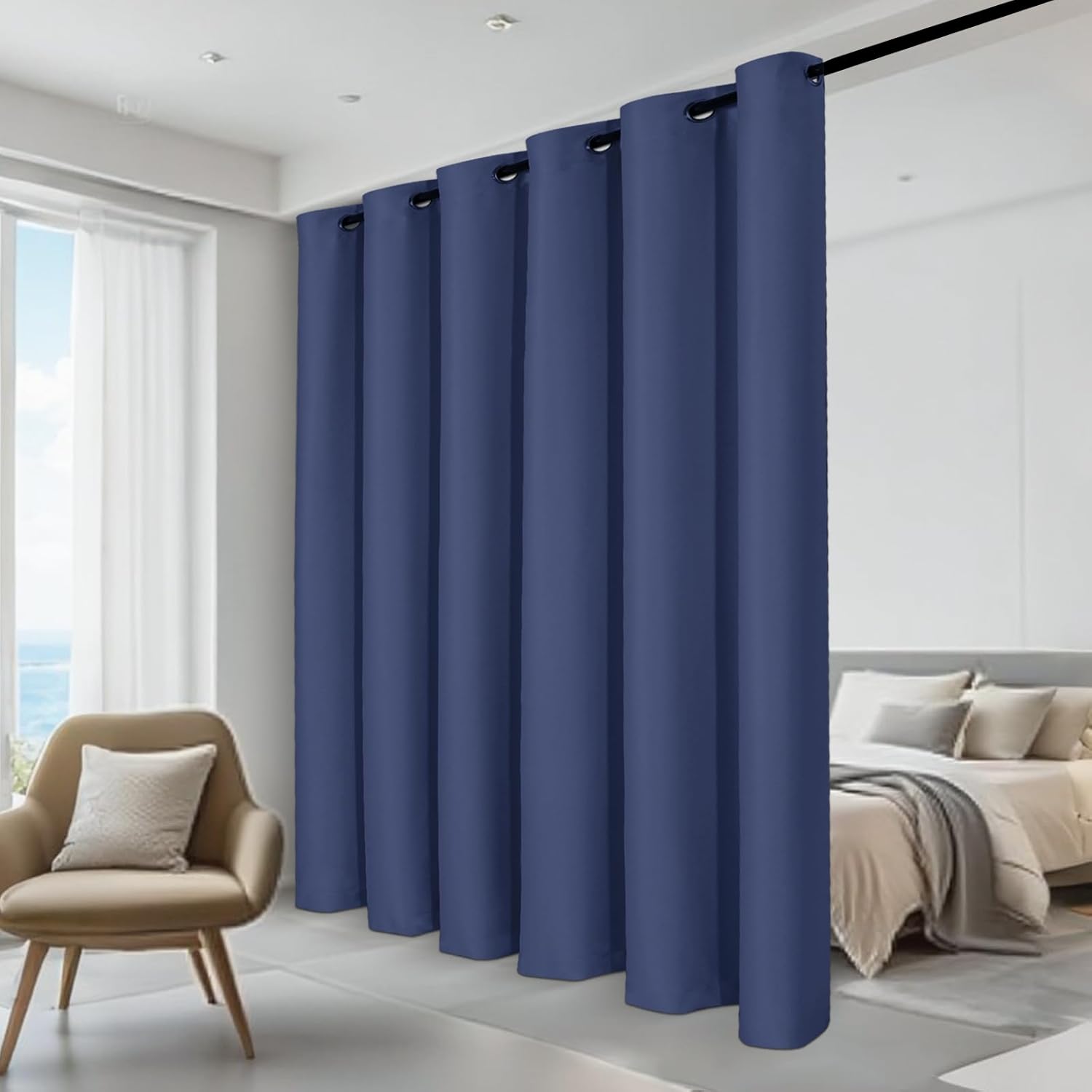 JIUZHEN Blackout Sliding Door Room Divider Curtain, Noise Reducing Window Treatment Drape for Bedroom, Energy Saving Patio Door Curtains (Navy Blue, W100 by L84, 1 Panel)