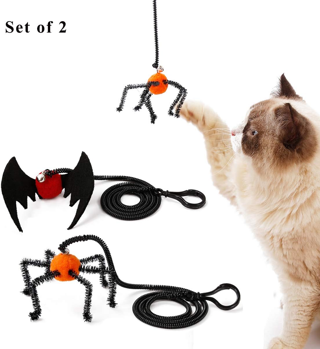 Speedy Pet Cat Kitten Toys, Cat Halloween Spider Bat Design Springs Finger Interactive Pet Teaser Toy with Bell (Spider + Bat)
