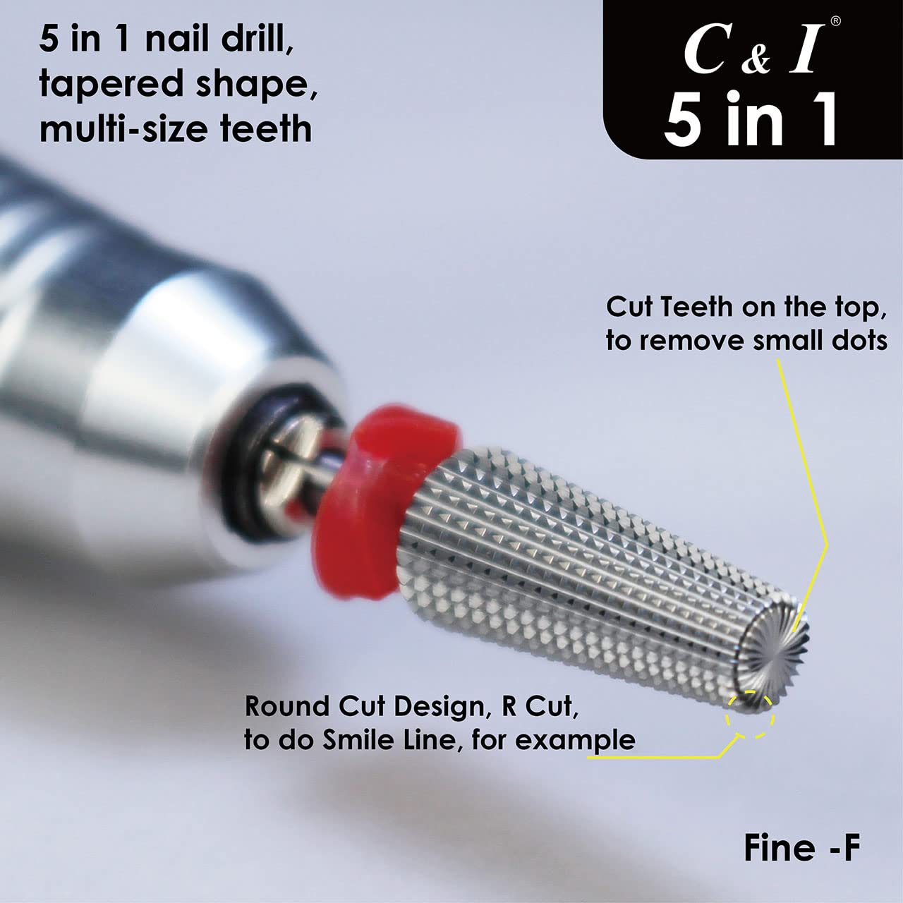 C&I 5 in 1 Multi-function Tapered Shape Nail Drill, Professional Drill Bit for Nail Manicure Machine (Fine)