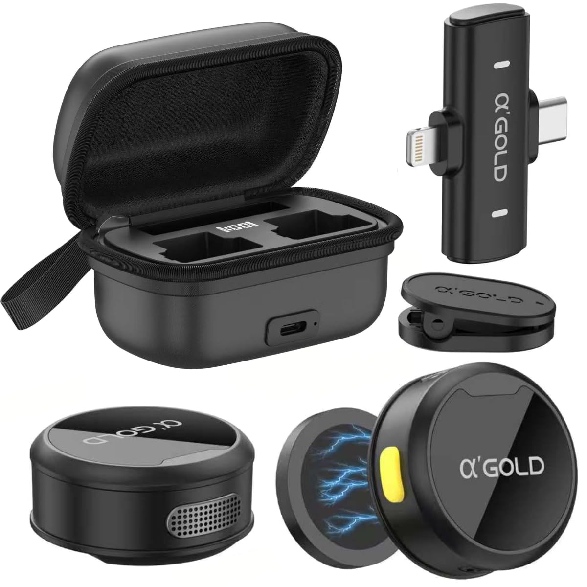 Kit 2 Microfones de Lapela aGold - Profissional - Com Imã Sem Fio + Case de Carregamento