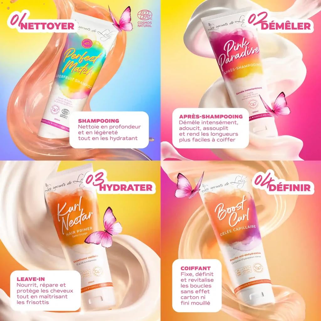 Les Secrets de Loly – Locken Starter Set – Perfect Match + Pink Paradise + Kurl Nectar + Boost Curl – Komplette Routine – Welliges bis lockiges Haar – 4 x 250 ml