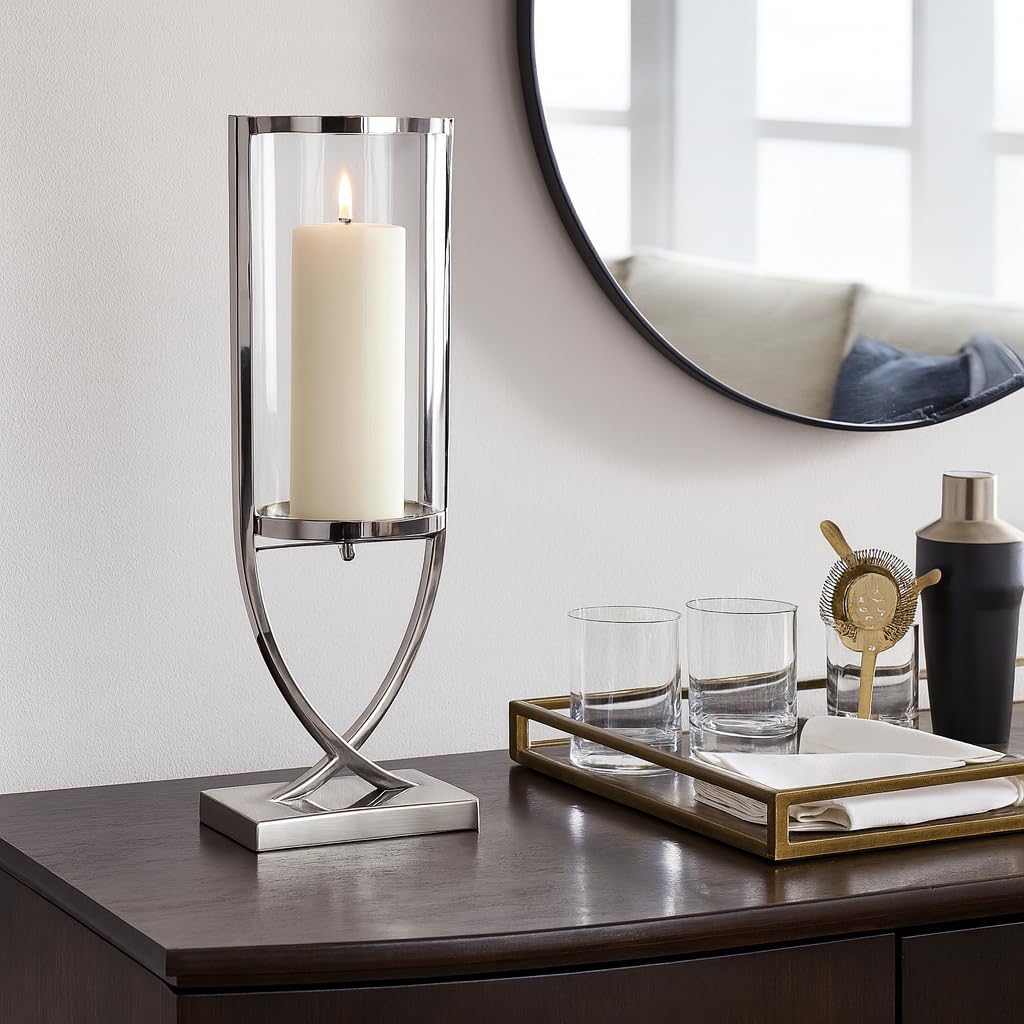 Contemporary Metal and Glass Hurricane Candle Holder - Decorative Pillar Candlestick Holder for Table Centerpiece - Elegant Home Decor Accents for Any Special Occasion Decoration - 23" Silver