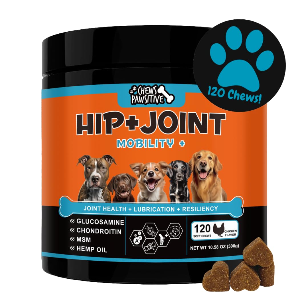 Hip and Joint Supplement for Dogs- Mobility, Hip and Joint Chews for Dogs with Glucosamine, Chondroitin, MSM, Tumeric, Hemp Oil- Soft Chews Joint Support Supplement for Dogs- 120ct