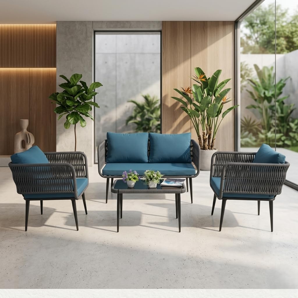 LOCCUS 4-Piece Outdoor & Indoor Rope Sofa Set with Waterproof Cushions – Patio, Garden, Balcony, Lawn, Terrace Conversation & Bistro Furniture, Durable Woven Rattan Lounge Set [Grey & Blue]