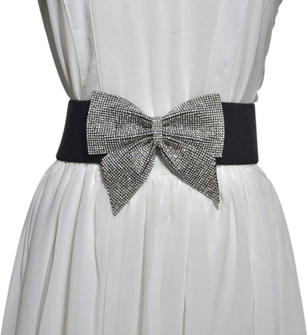 ICGSUQRWomen's Big Rhinestone Bow Elastic Peplum Waistbunds Wide Wedding Party Dress Belts For Women Blingbling Corset