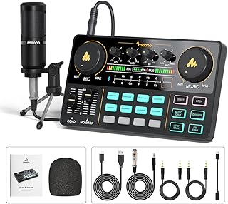 Audio Interface with DJ Mixer and Sound Card, MAONO Portable ALL-IN-ONE Podcast Production Studio with 3.5mm Microphone for Guitar, Live Youtube Streaming, PC, Recording Studio and Gaming(AU-AM200-S1)