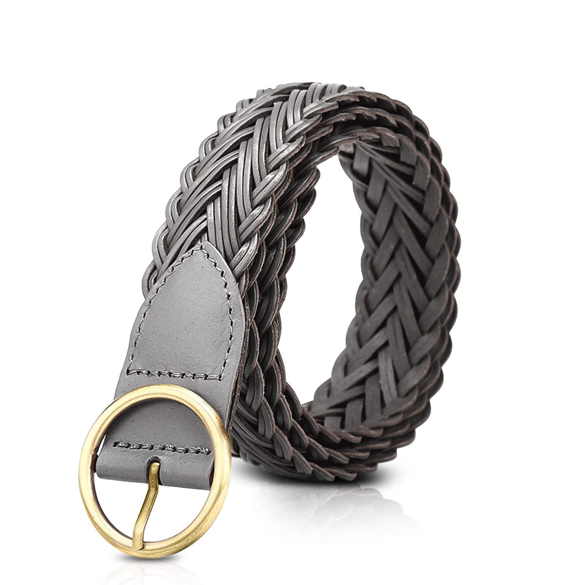 LumiSyne Braided Belt Women Elastic Waist Belt Ladies Cowhide Leather Belt Vintage Round Buckle Adjustable Waistband For Dress Jeans Pants(Grey)