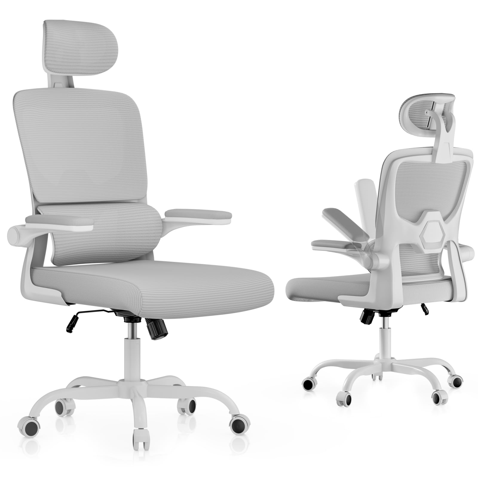 Silla de oficina giratoria ergonómica con función de balancín, reposacabezas ajustable y reposabrazos abatibles, respaldo de soporte de 4 zonas, soporte lumbar dinámico, asiento de malla