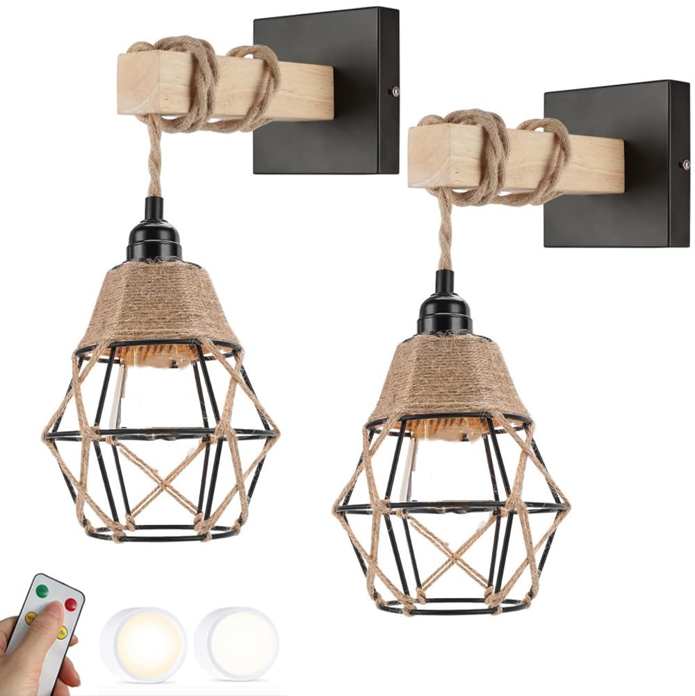 SMCCYYSD Boho Rattan Wall Sconces Set Of Two Battery Operated Wireless Black Sconce Light Fixture Remote Control USB Rechargeable Lamp For Bedroom Headboard Farmhouse Industrial Barn