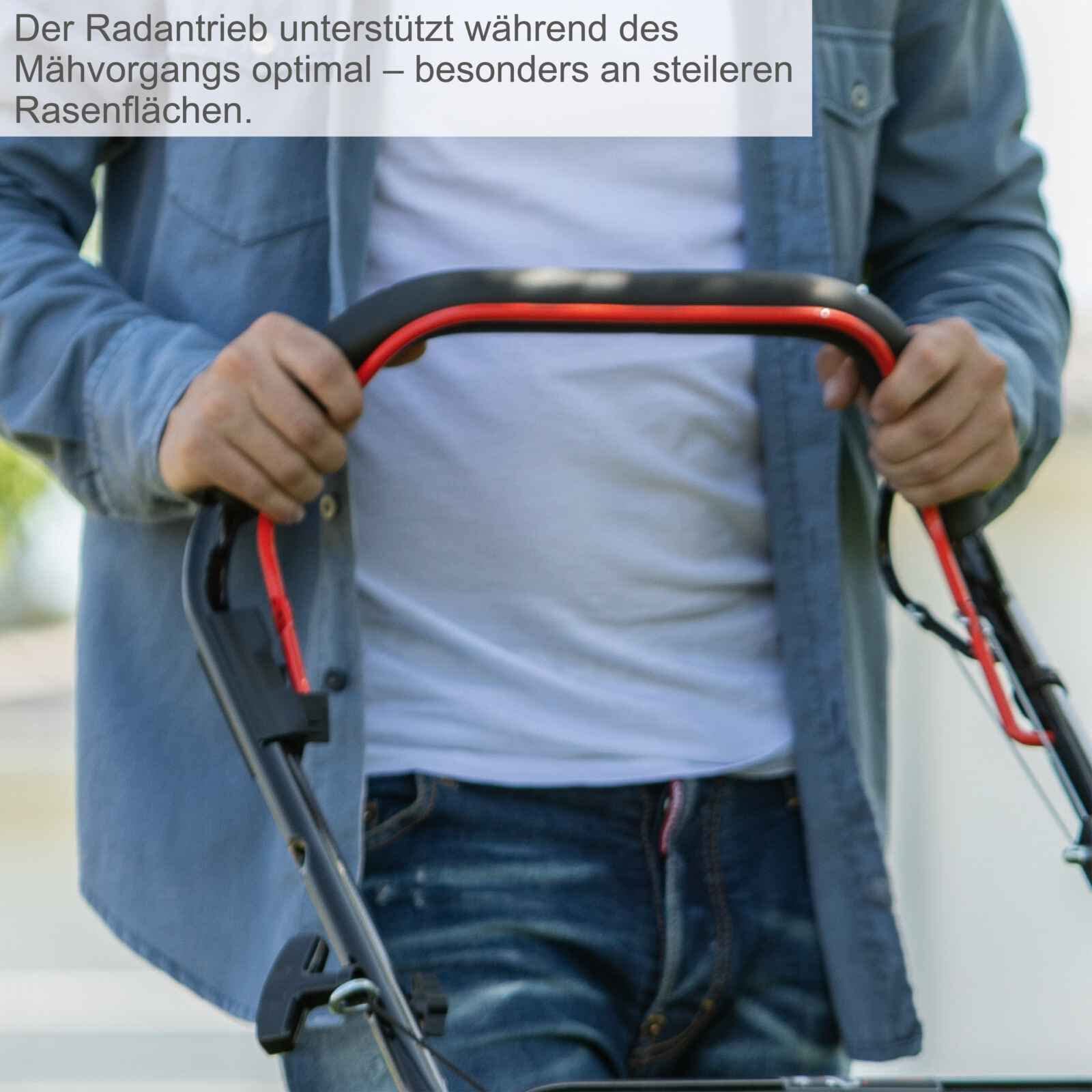 Scheppach MS161-46 Benzin Rasenmäher mit Antrieb - 46cm Schnittbreite | Reinigungsfunktion | 55 Liter Fangkorb | Stahlgehäuse | 7-stufige Höhenverstellung | Mulchfunktion | Seitenauswurf | Radantrieb