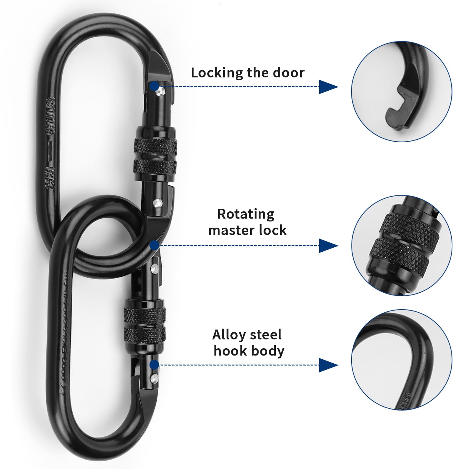 Lot De 4 Mousquetons D'escalade 25KN - Verrouillage à Vis, Acier Inox, Forme Ovale - Pour Hamac, Rappel, Camping, Laisse Chien