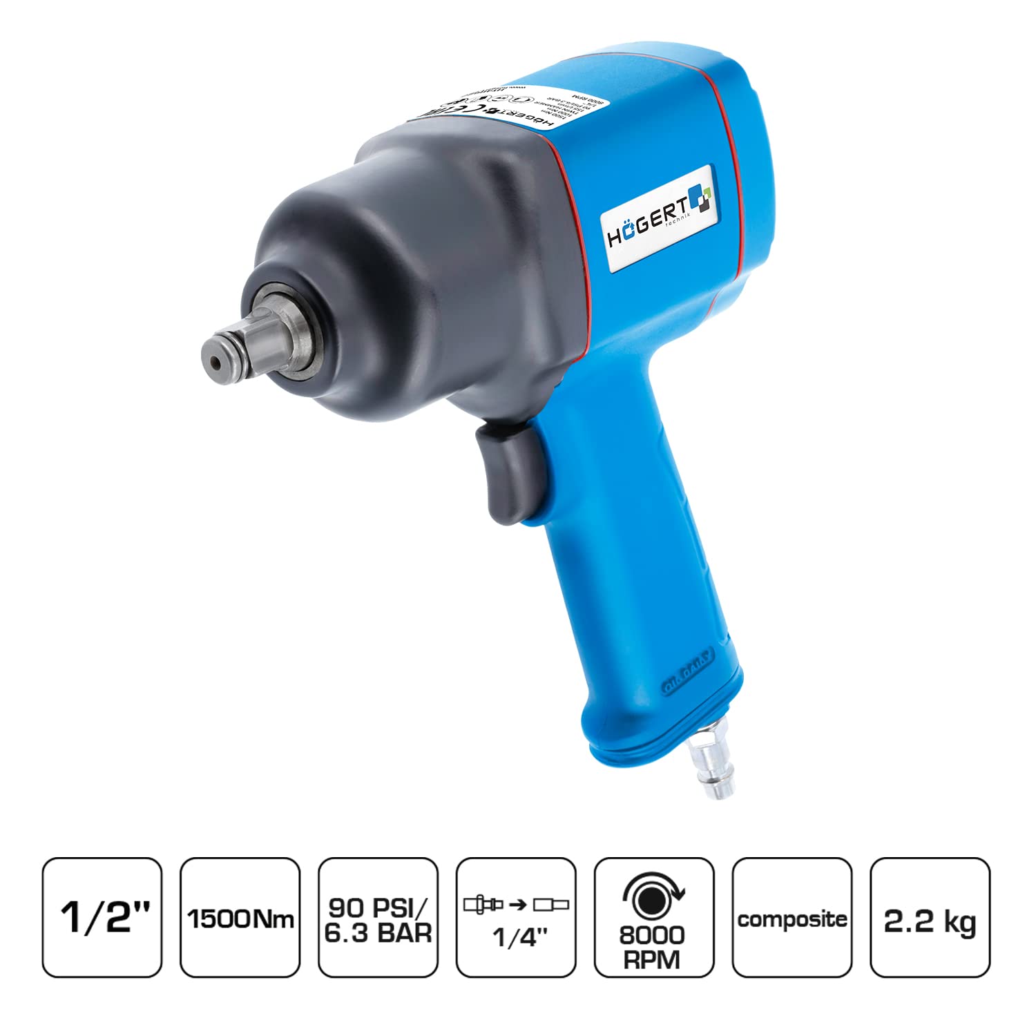 Högert Technik - Pneumatyczna wkrętarka udarowa 1/2" I mechanizm udarowy - Twin Hammer I zakres mocy do 1500 Nm I 3 zakresy pracy I przełącznik kierunku obrotu w lewo/prawo I HT4R623