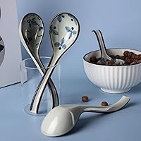 Vista 2 de Juego de 4 cucharas de sopa asiáticas de mango largo, cucharas de sopa chinas de cerámica japonesa, cucharas de ramen japonés estilo retro, cuchara
