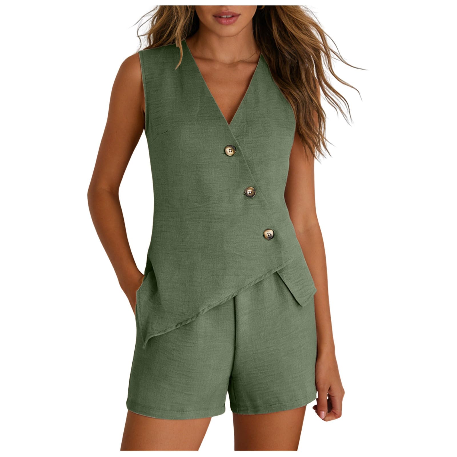 Conjunto de Dos Piezas para Mujer Traje de Verano Traje Ocio con Pantalones Cortos y Top Set Lino y Algodón Informal para Playa Sin Mangas Transpirable Juego Ligero Transpirable Ocio Trabajo