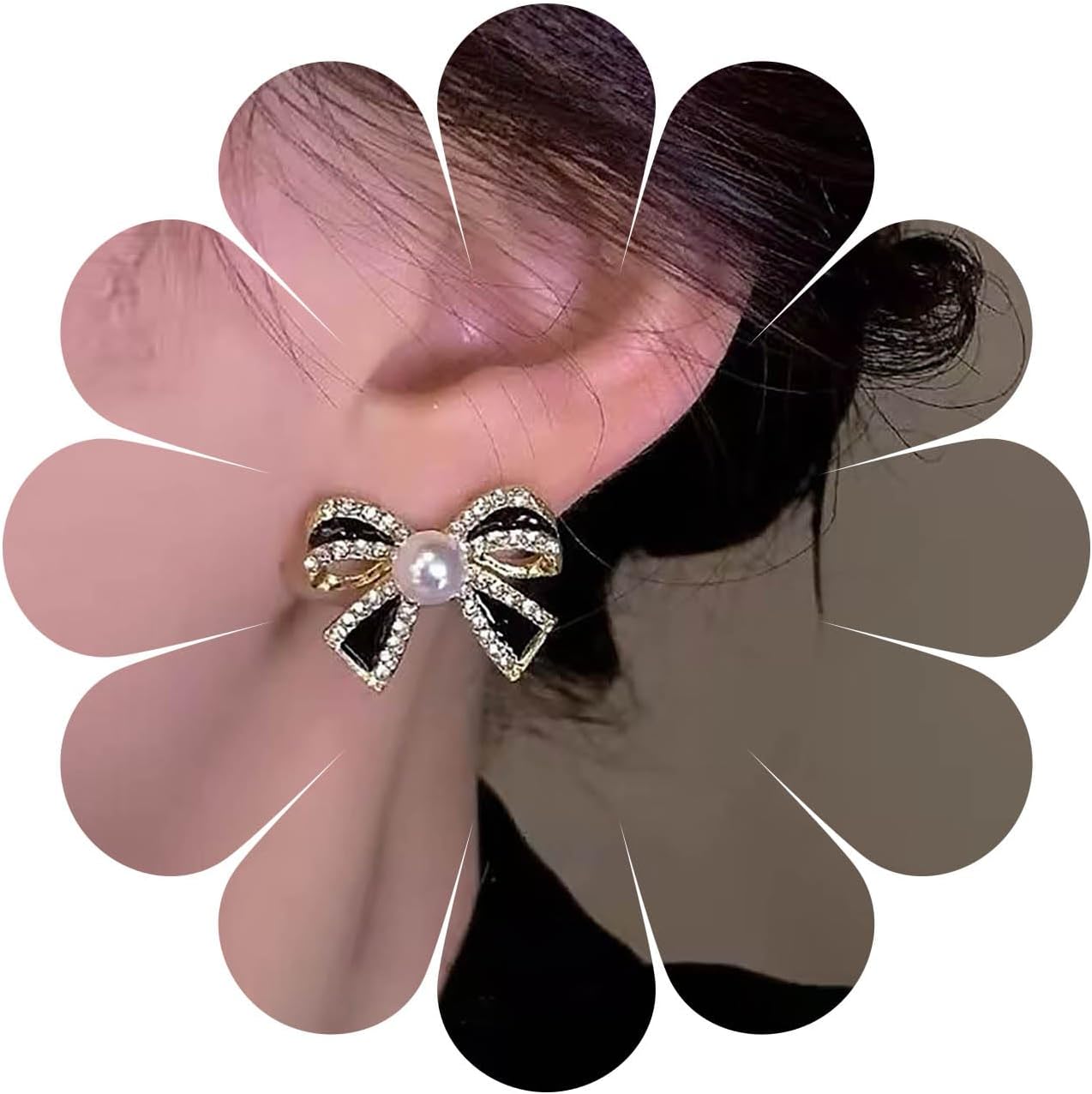 Vintage Crystal Bow Earrings Rhinestone Pearl Stud Earrings Gold Cz Pearl Earrings Black Bowknot Pearl Earrings Jewelry for Women and Girls