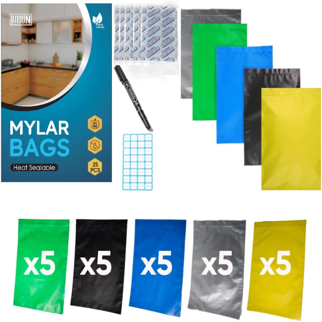 Luhun 25pcs MultiColor 5 Gallon Mylar Bags With 2500cc