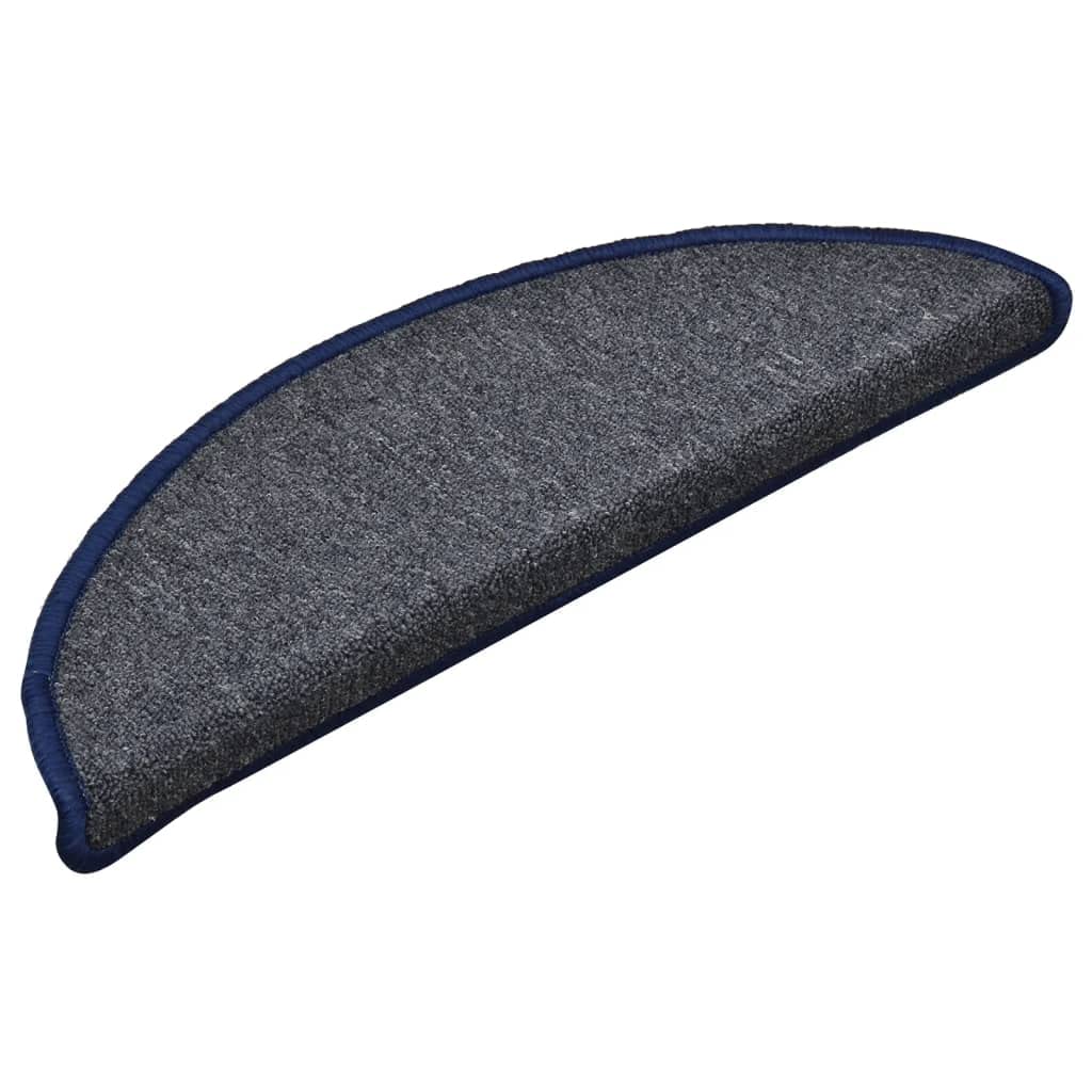 Lot de 15 tapis d'escalier - 56 x 17 x 3 cm - Gris foncé - Bleu - Semi-circulaires - Antidérapant - Lavable - Protection contre les marches et le bruit - Pour escaliers en bois, escaliers en