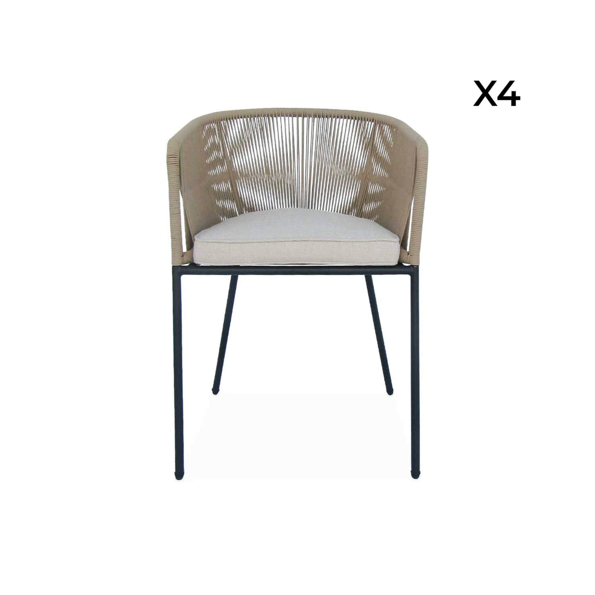 Alice's Garden - Lot de 4 fauteuils de Jardin en Corde Beige et Acier galvanisé. Coussin Beige