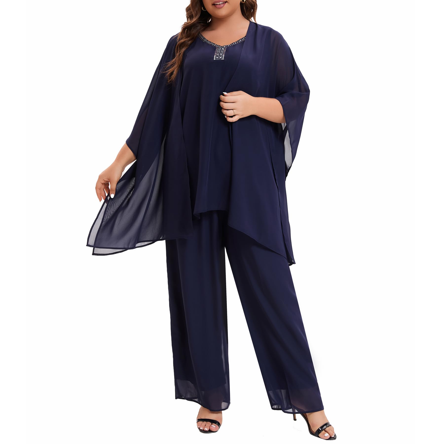 Plus Size Mother of Bride Pant Suits 3 Piece Chiffon Party Sets Handmade Sequins Wedding Guest Outfit