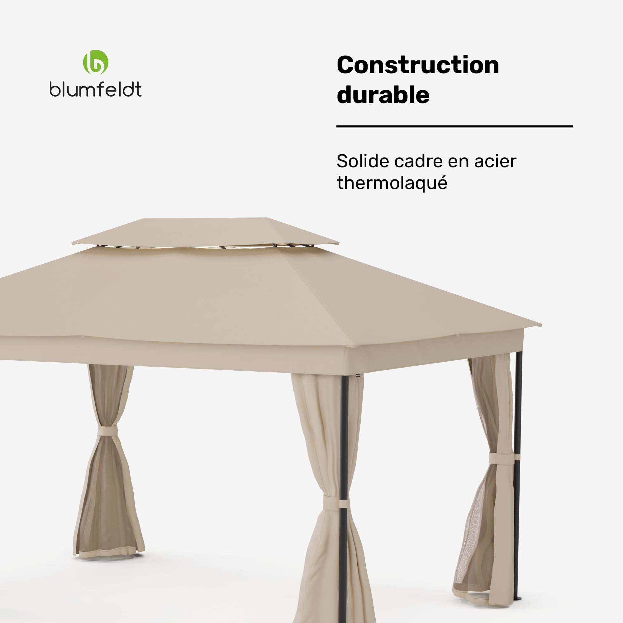 blumfeldt Mondo Dual Tonnelle 3x4 - Double Toit & Moustiquaires, Armature Métallique Résistante, Rideaux Inclus, Tonnelle de Jardin, Facile à Assembler, Beige