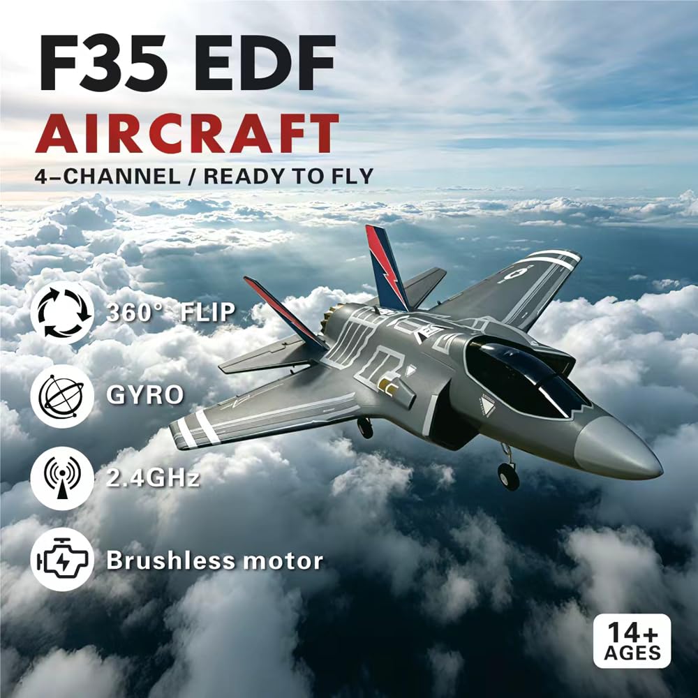 F35 RC Flugzeug für Erwachsene 3D6G Brushless 40mm EDF RC Jet | 2,4GHz 4 Kanäle RC Flugzeug mit Gyro Stabilisierung EPP Schaumstoff Stunt Segelflugzeug inklusive 2 Akkus und Ersatzteilen