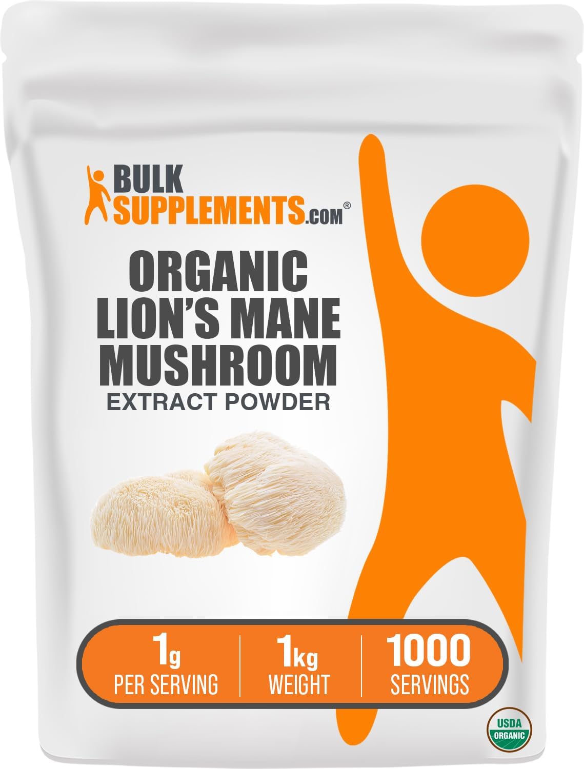 BulkSupplements.com Organic Lion's Mane Mushroom Extract Powder - Lions Mane Supplement Powder, Superfood for Well-Being - Vegan, 1g per Serving, 1kg (2.2 lbs) (Pack of 1)