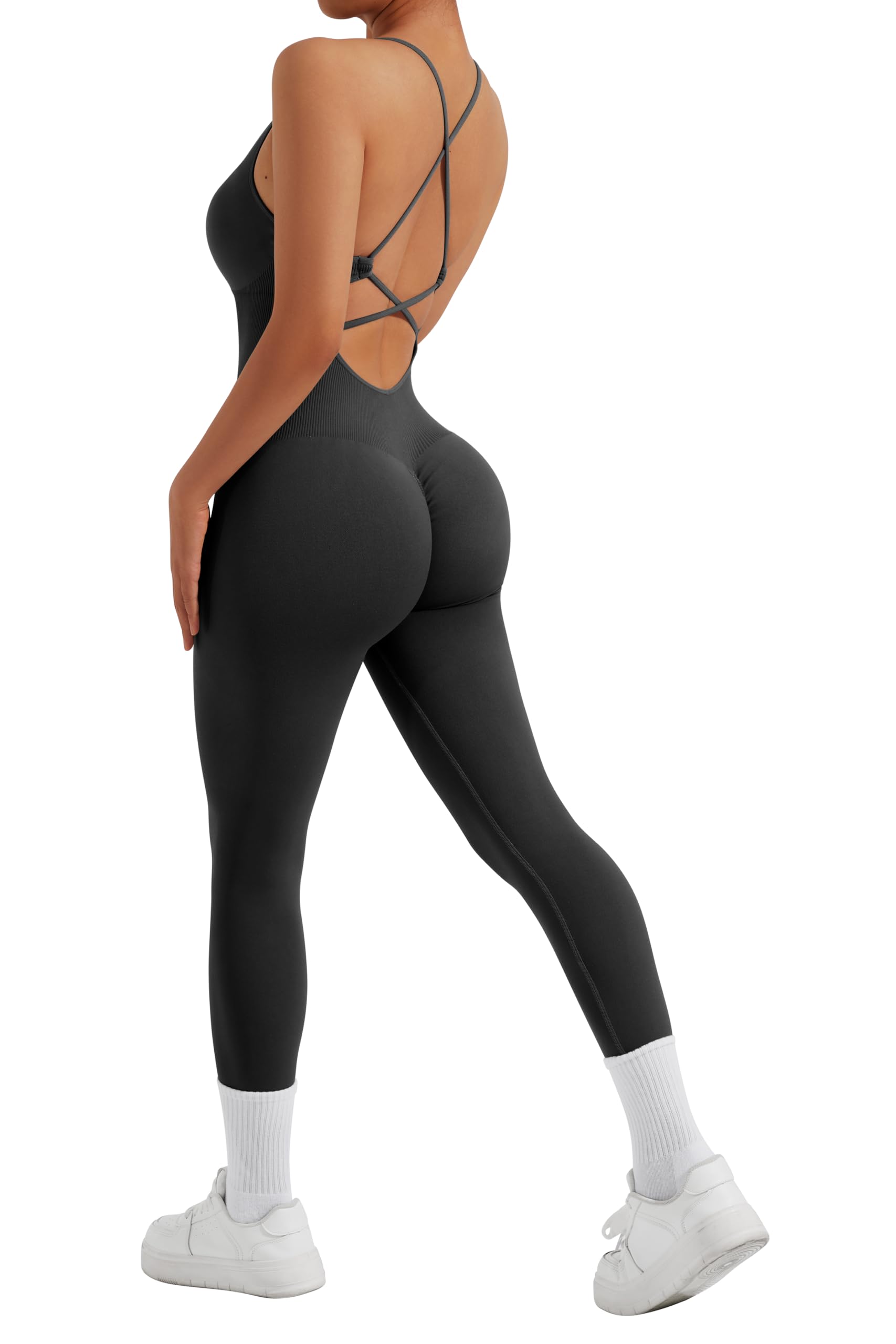 RXRXCOCO Spaghetti Strap Gerippte Jumpsuit Damen Eng Rückenfreie Padded Overall Bauchweg Yoga Sport Einteiler Romper Bodysuit