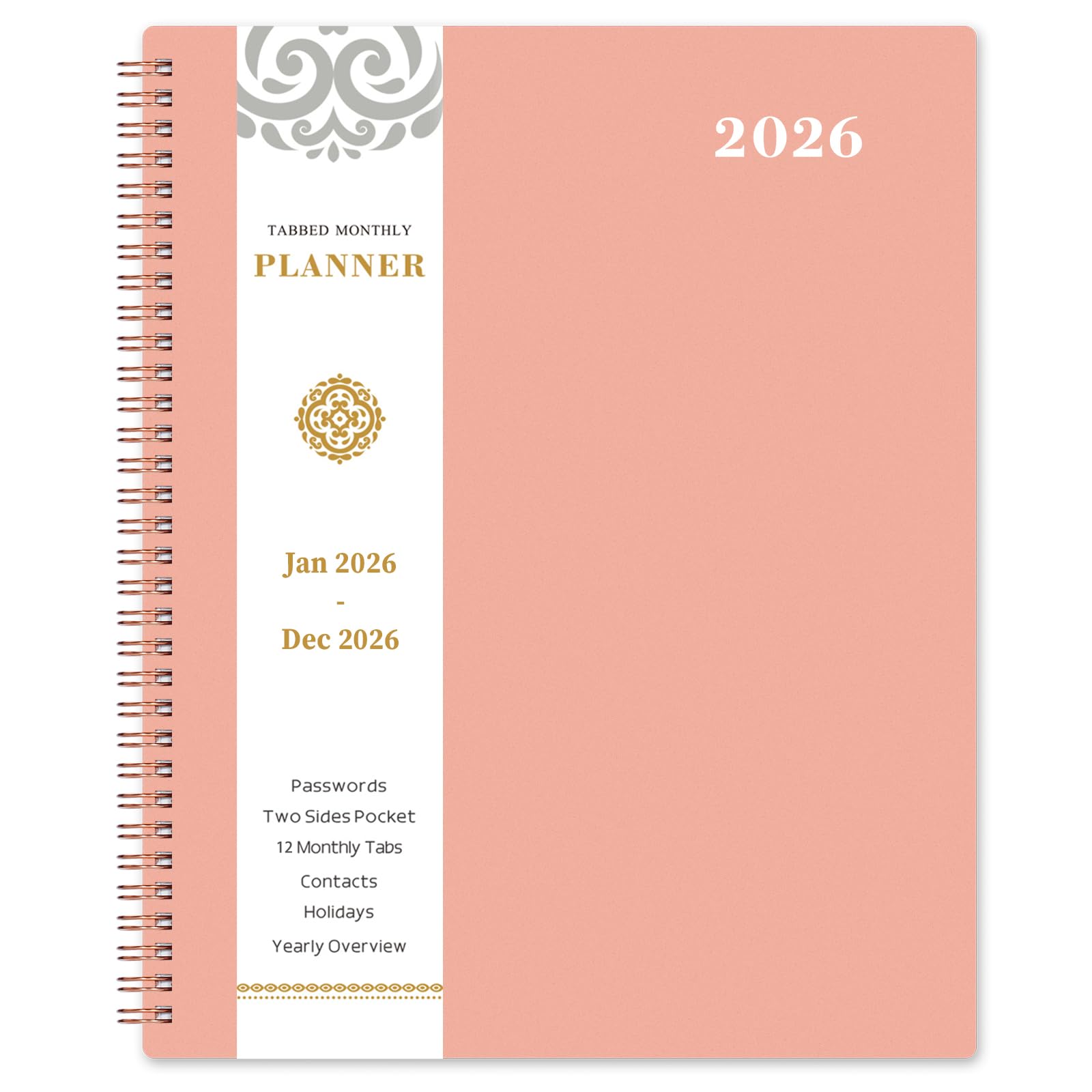 2026 Monthly Planner - Monthly Planner 2026, Jan. 2026 - Dec. 2026, 9" x 11", 12-Month Planner, Tabs & Pocket, Twin-Wire Binding - Rosy Pink