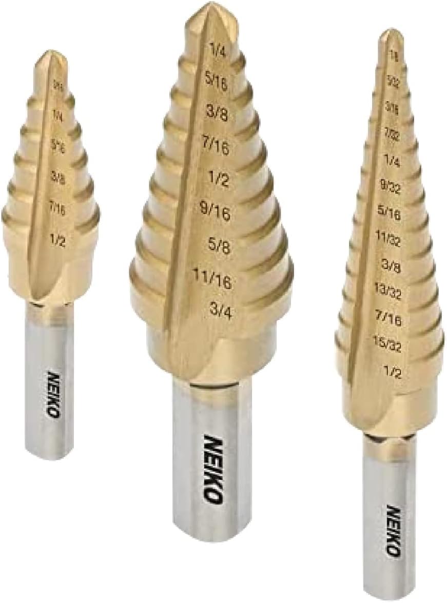 Neiko 10193A Titanium Step Bits, Unibit Set, 28 Sizes, High Speed Steel, Standard (SAE) Step Drill Bit Set, Step Bits for Metal. Unibit Step Drill Bits, Industrial Unibit