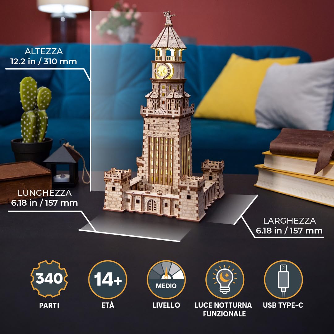 Ugears Faro di Alessandria 3D Puzzle - Kit Fai Da Te per Adulti 3D Puzzle in Legno per Adulti con LED Notturno - Kit di Modelli da Costruire Artigianato Puzzle in Legno Regalo Perfetto - 340 Pezzi