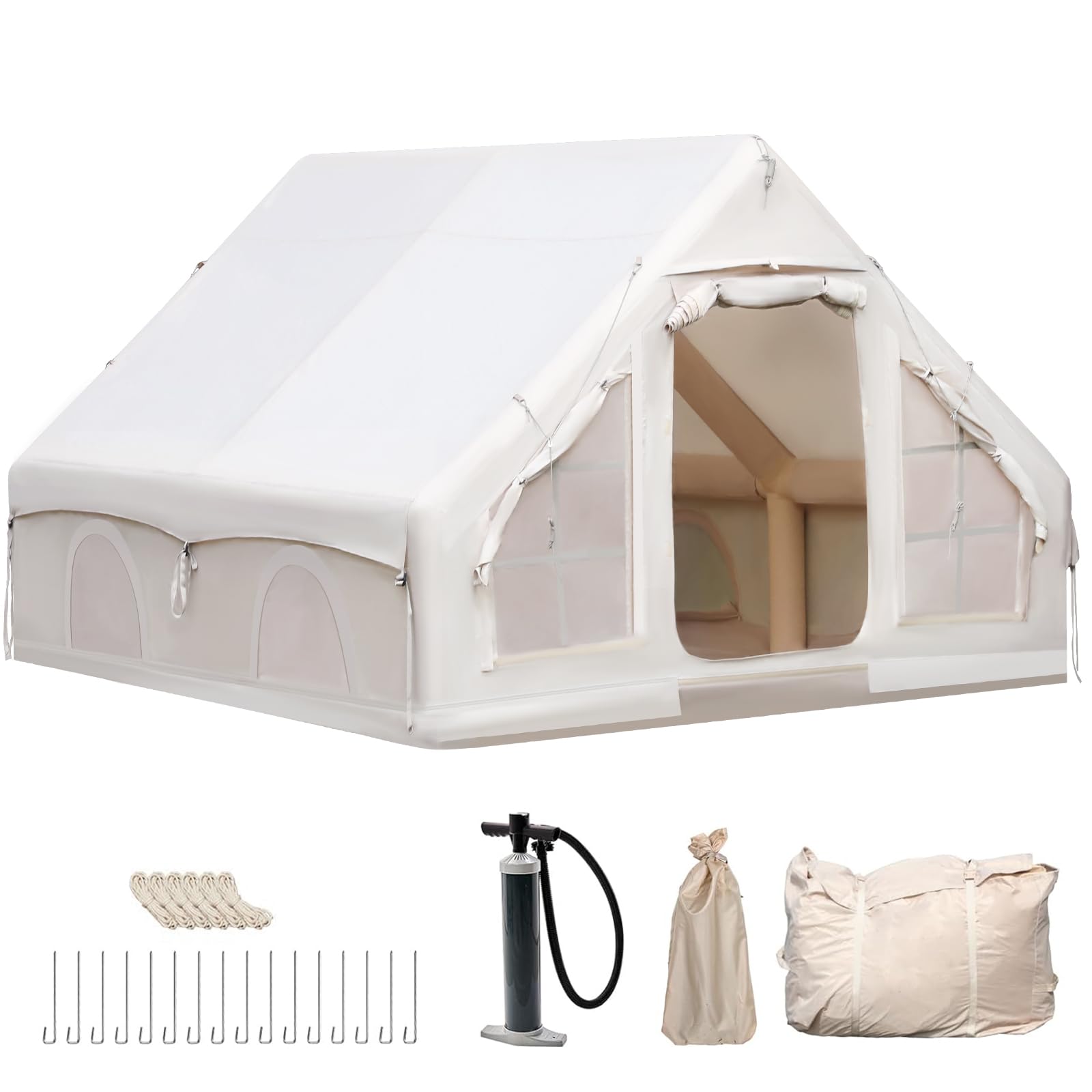 Aufblasbares Campingzelt mit Pumpe, 420D Oxford Glamping Aufblasbares Zelt für Camping, Wasserdicht bis 3000MM, 4 Saison Winddicht Kabinenzelt mit Mesh Fenster