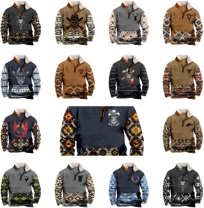 Mens Aztec Cowboy Western Quarter Zip Pullover Long Sleeve Sweatshirt Oversized Crewneck Hoodie - Image 3