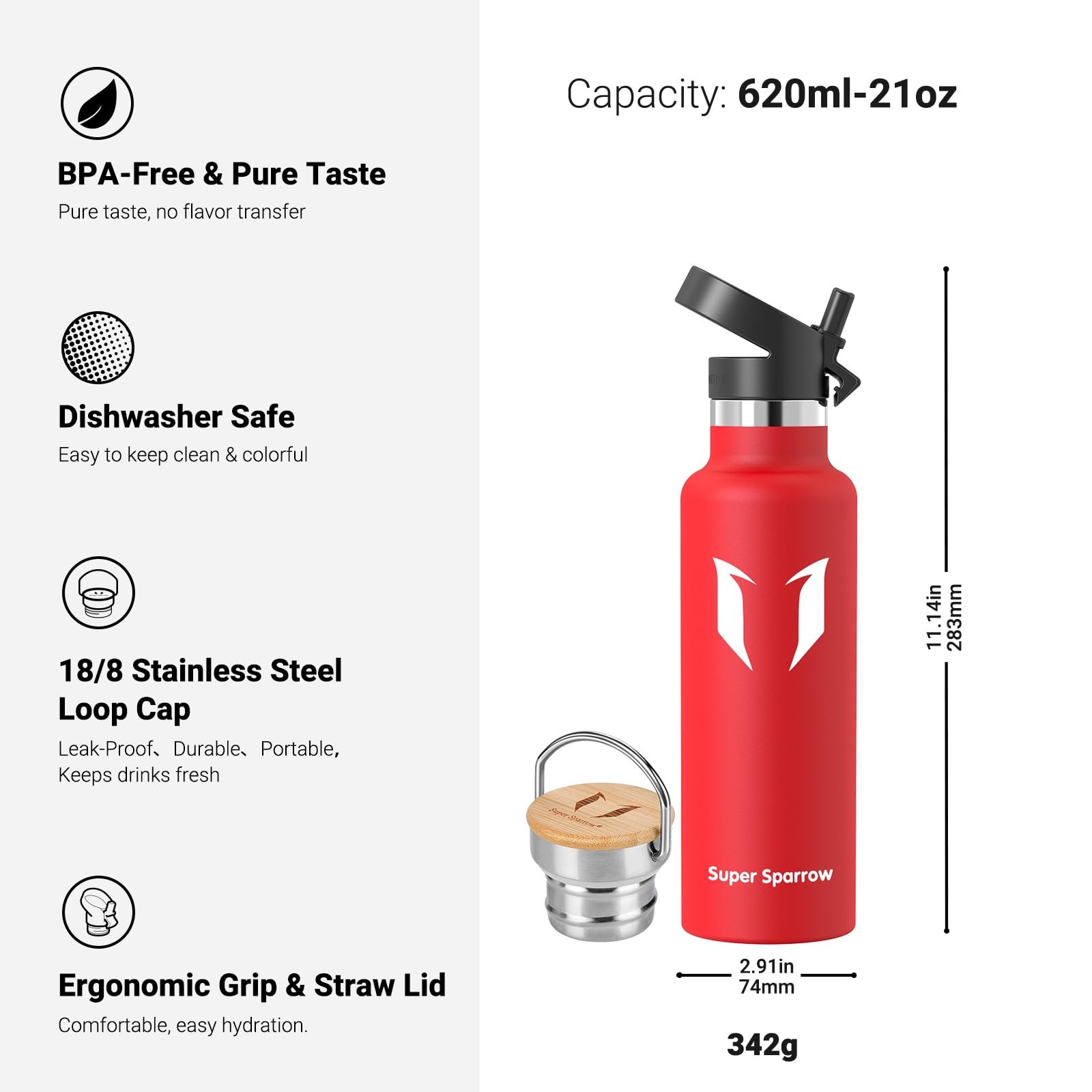 Super Sparrow Borraccia Termica - Bottiglia Termica Senza Perdite - 350ml/500ml/620ml/750ml/1L - Senza BPA Borracce Bambini - Per Scuola, Sport, Campeggio, Palestra, Ciclismo - Con 2 Tappi
