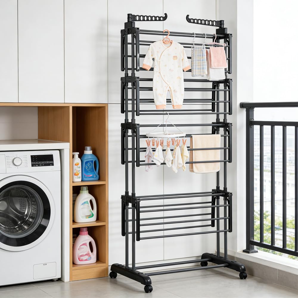 Séchoir à Linge Pliable avec roulettes, Étendoir à Linge 4 Niveaux，Noir