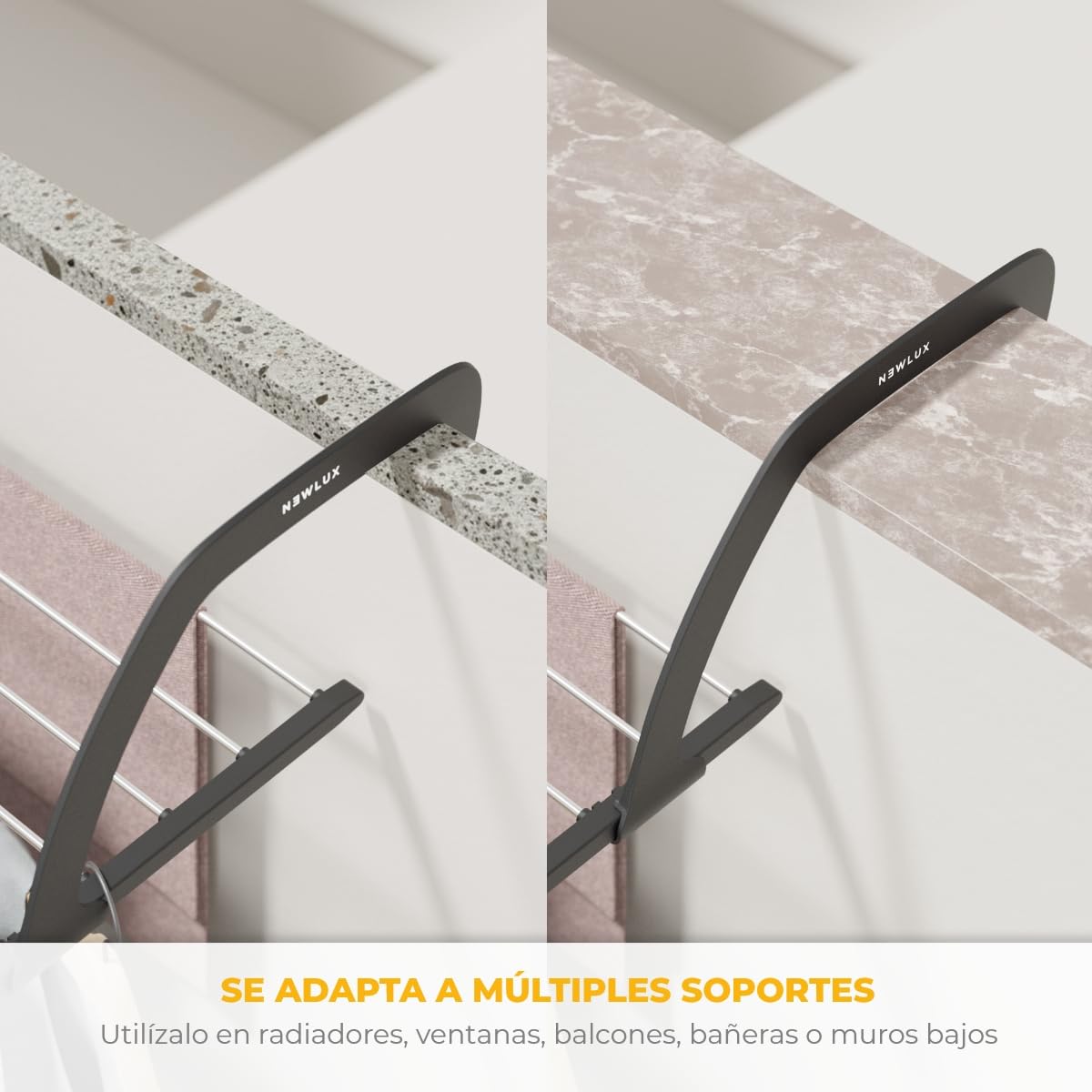 Newlux - Tendedero Balcón Extensible Flex V9 de Acero INOX (+/- 52.5-92,5x35x17cm). Tendedero barandilla Plegable con Capacidad 9M y 7kg. Accesorio Calcetines. Ideal Interiores y Exteriores, Negro