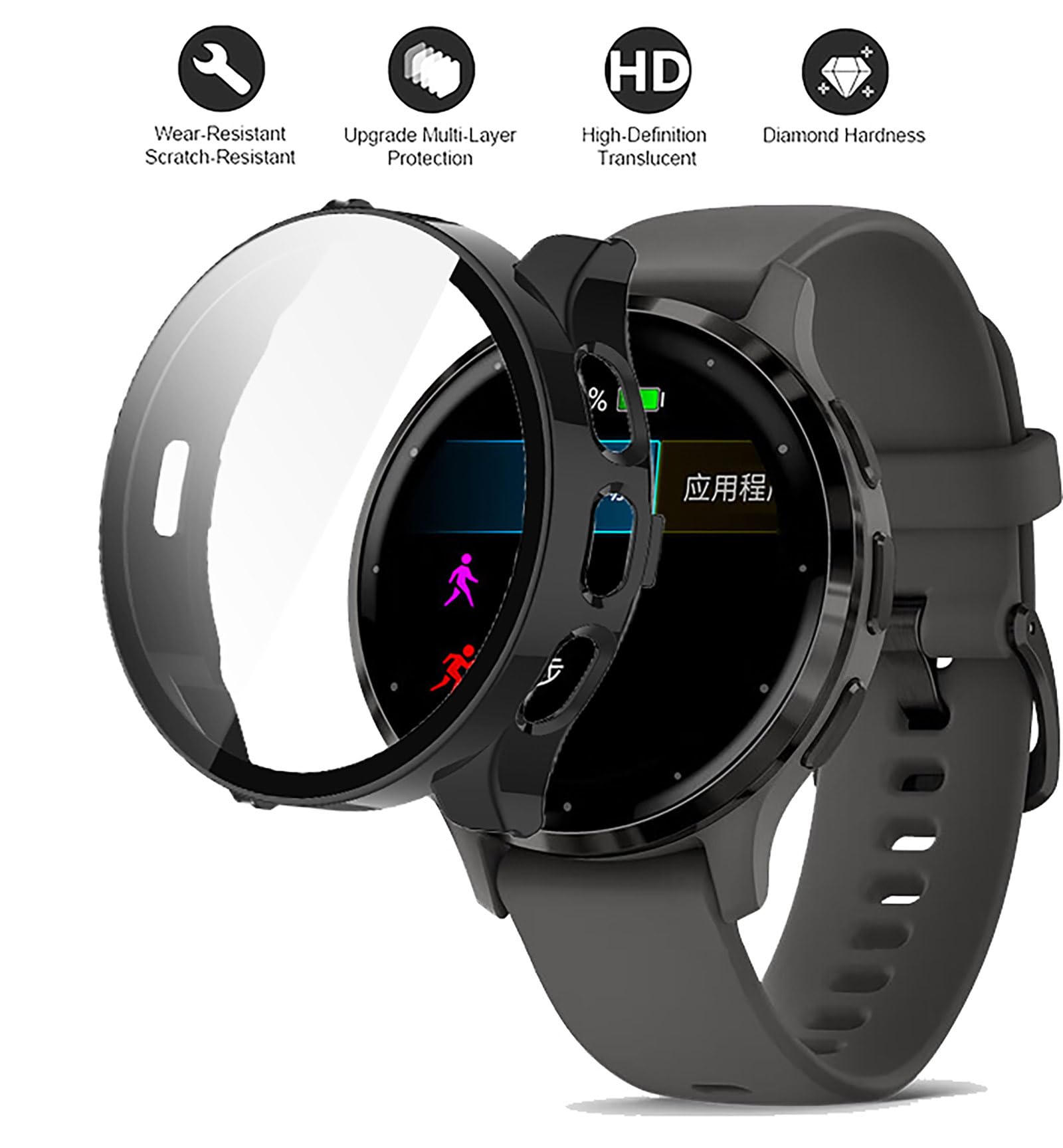 GIOPUEY 2-pak etui kompatybilne z Garmin Venu 3 45 mm, szklana folia ochronna + twarda plastikowa ramka, osłona Garmin Venu 3 45 mm - czarne + czarne