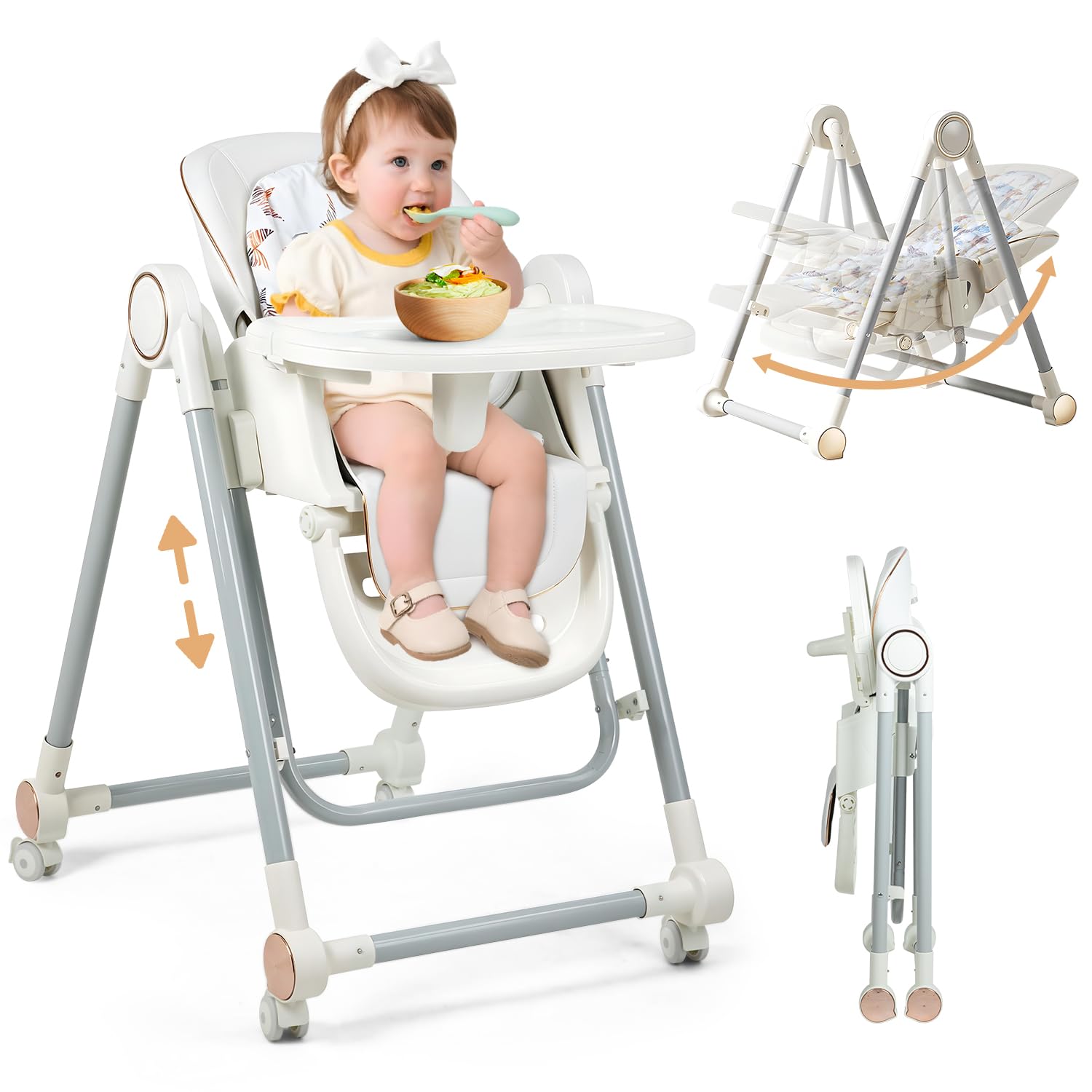 Foldable High Chair for Babies and Toddlers?Baby Swings for Infants 6-36 Months Old, Portable Baby Chair with Adjustable Backrest, Footrest, Tray, and Seat Height, Detachable Leather Cushion