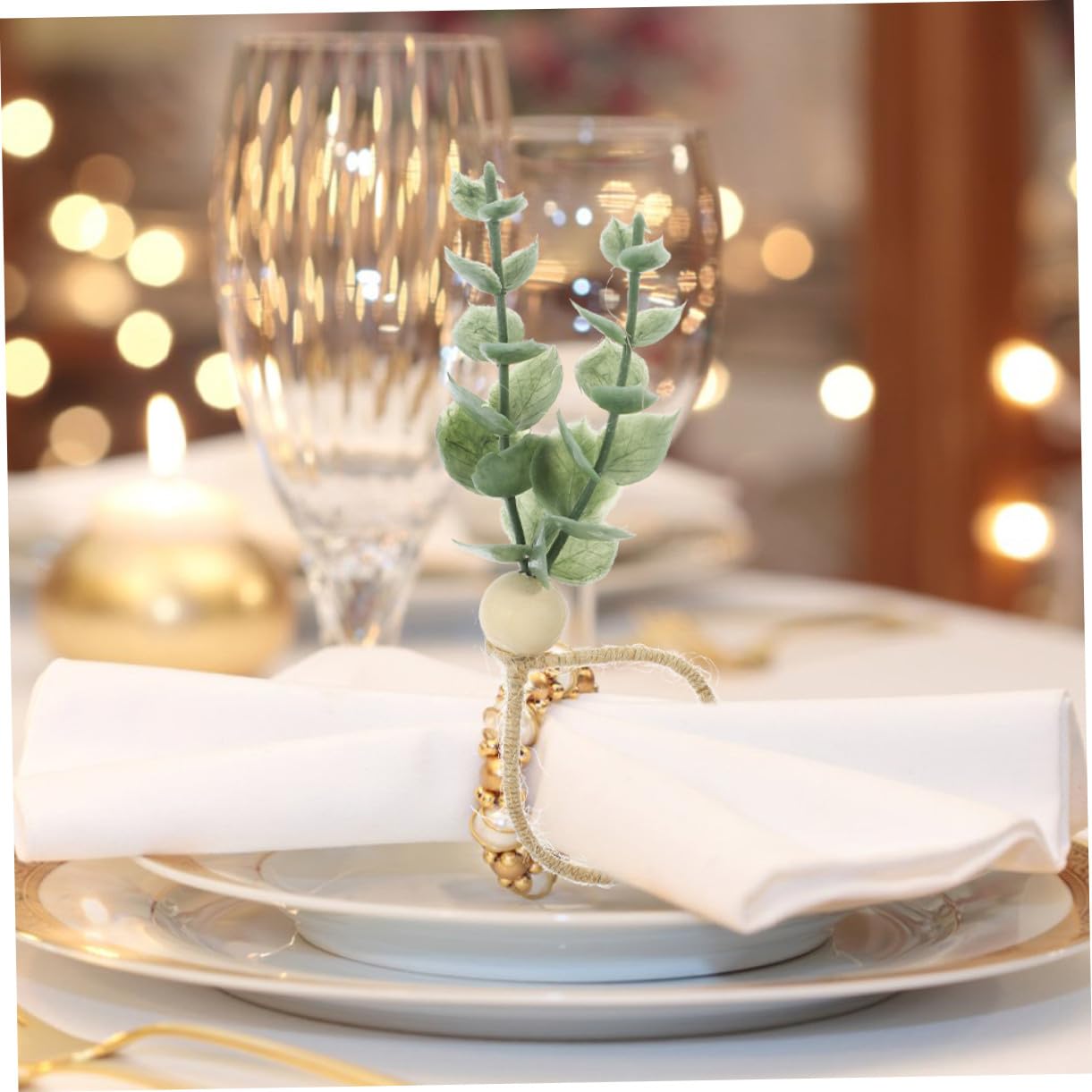 Alipis 12 Stück Teiliges Wiederverwendbare Serviettenringe mit Künstlichen Eukalyptusblättern und Holzperlen Dekorative Zarte Serviettenhalter im Boho Look für Hochzeit Party und
