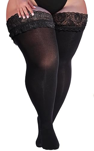 Neoviancia Plus Size Thigh High Stockings Women Sheer Lace Top Stay Up Pantyhose 55D Lingerie Thigh Highs - Black